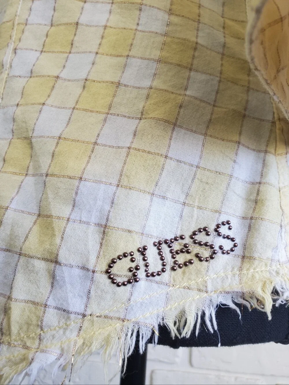 Guess Plaid Western Button-Down Shirt Embroider Raw Frayed Hem Vintage Y2K Rare - Picture 8 of 16